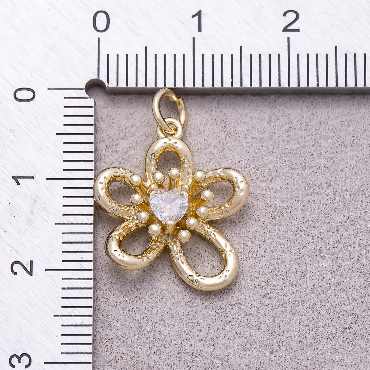 16K Gold Plated Heart CZ Textured Openwork Flower Charm - Sold Each