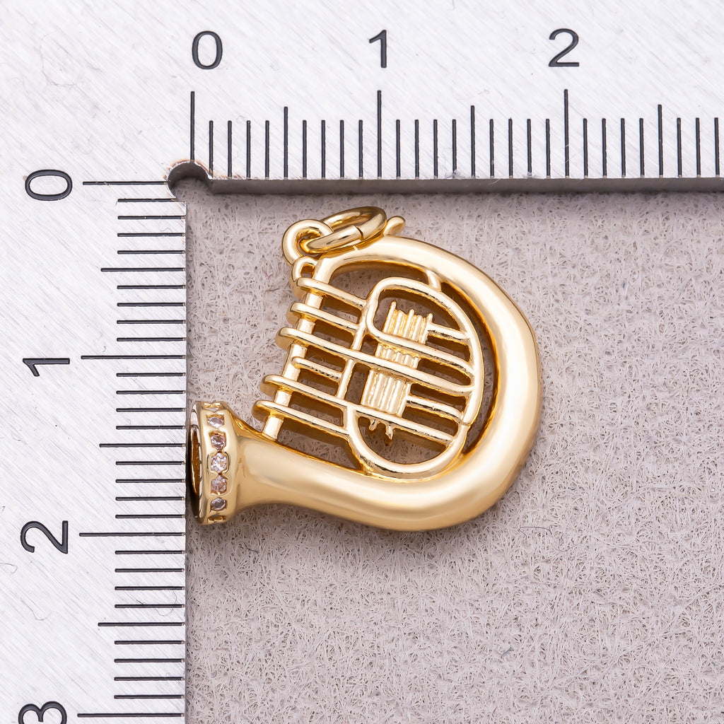16K Gold Plated Clear CZ French Horn Musical Instrument Charm - Sold Each