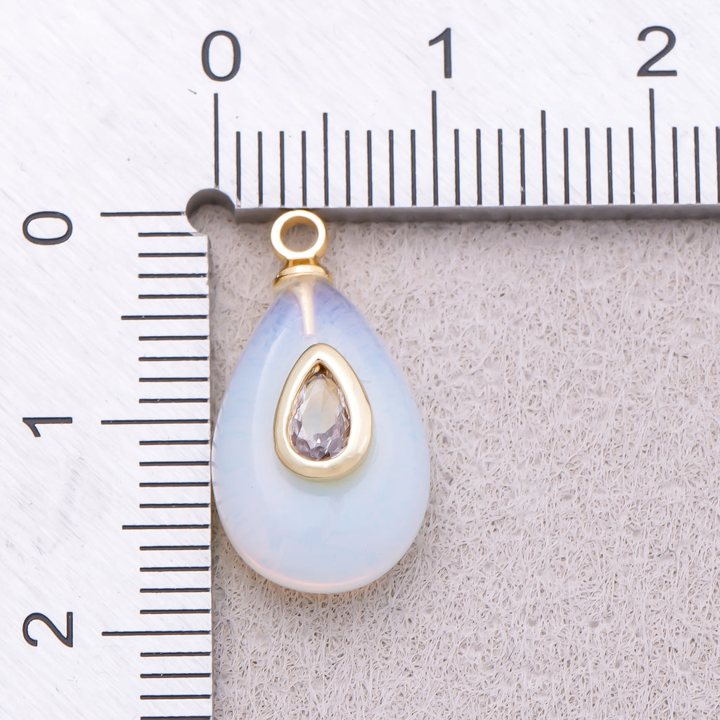 16K Gold Plated Clear CZ Embedded White Opal Gemstone Teardrop Charm - Sold Each