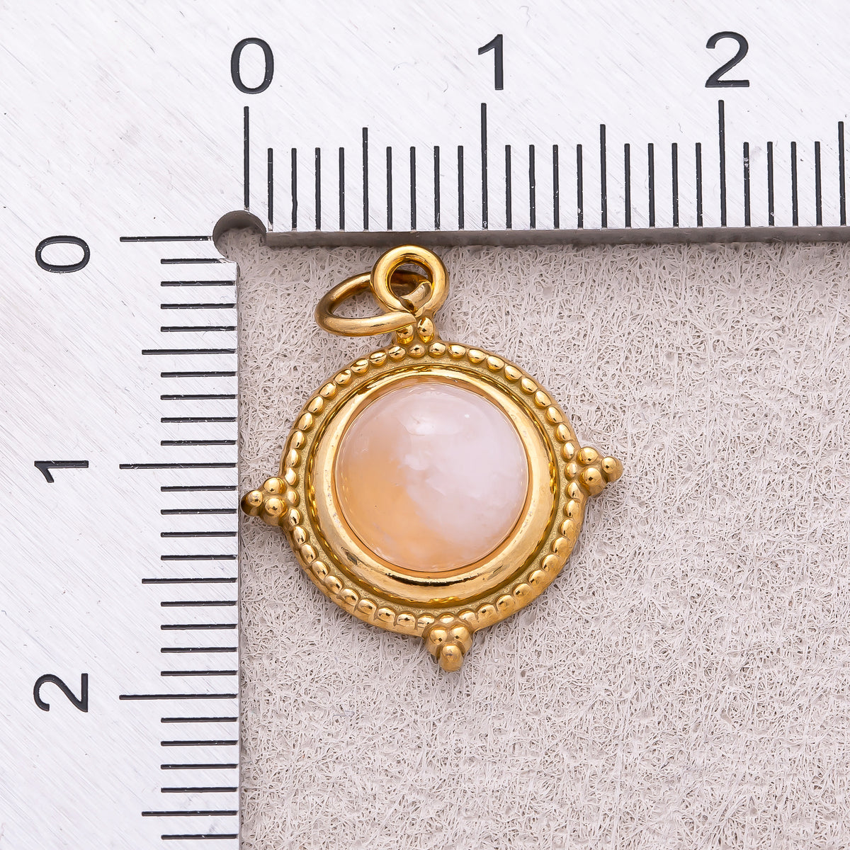 Gold PVD Stainless Steel Rose Quartz Cabochon Natural Gemstone Ribbed Medallion Charm