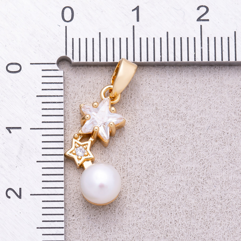 16K Gold Plated Double Star CZ & Shell Pearl Drop Pendant - Sold Each