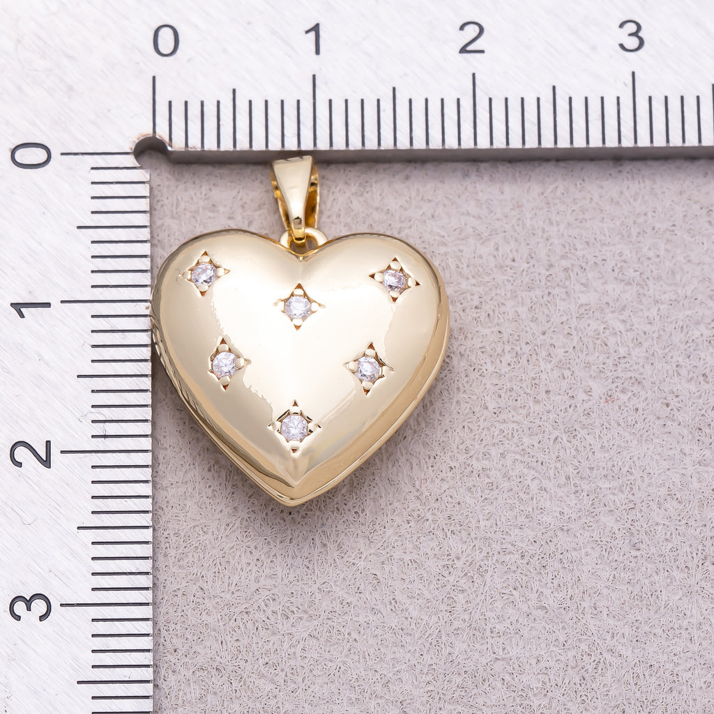 16K Gold Plated Clear CZ Starburst Love Heart Open Locket Pendant - Sold Each