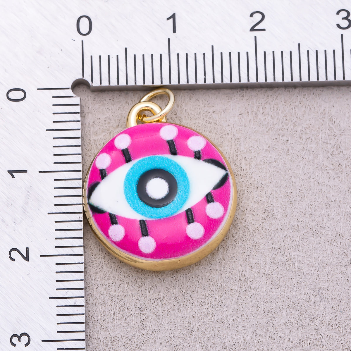 16K Gold Plated Blue Pink Evil Eye Enamel Round Charm - Sold Each