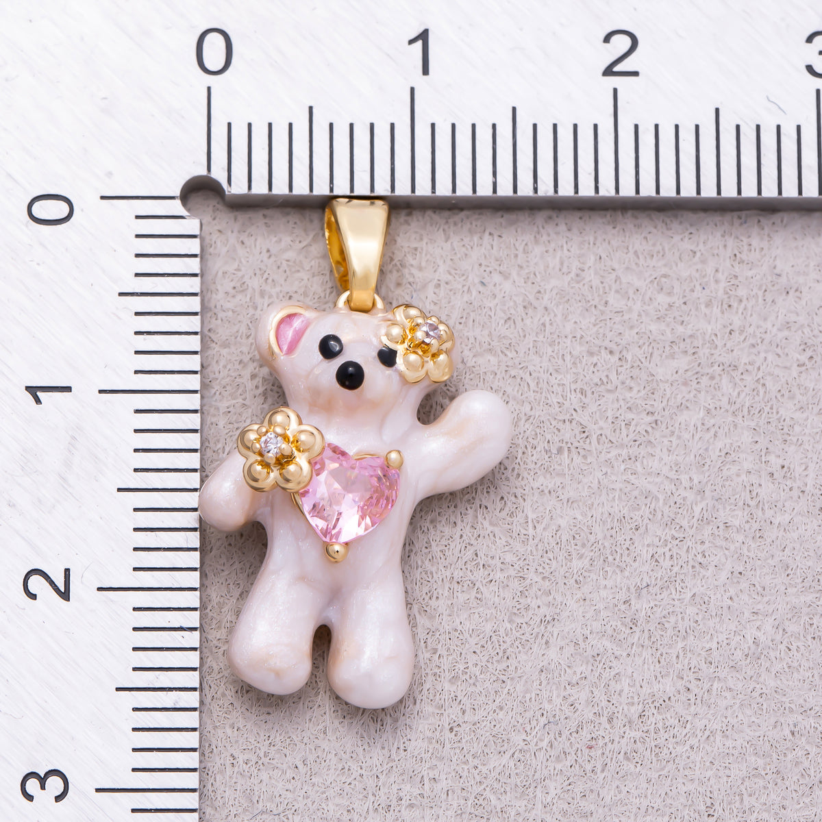 16K Gold Plated Clear CZ Pink Enamel Heart Flower Teddy Bear Pendant - Sold Each