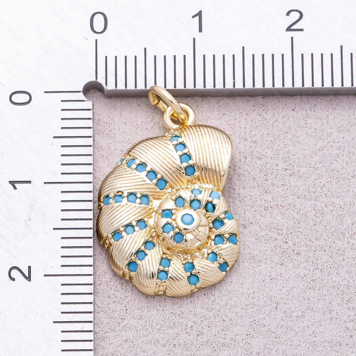 16K Gold Plated Turquoise CZ Textured Nautilus Seashell Ocean Charm - Sold Each