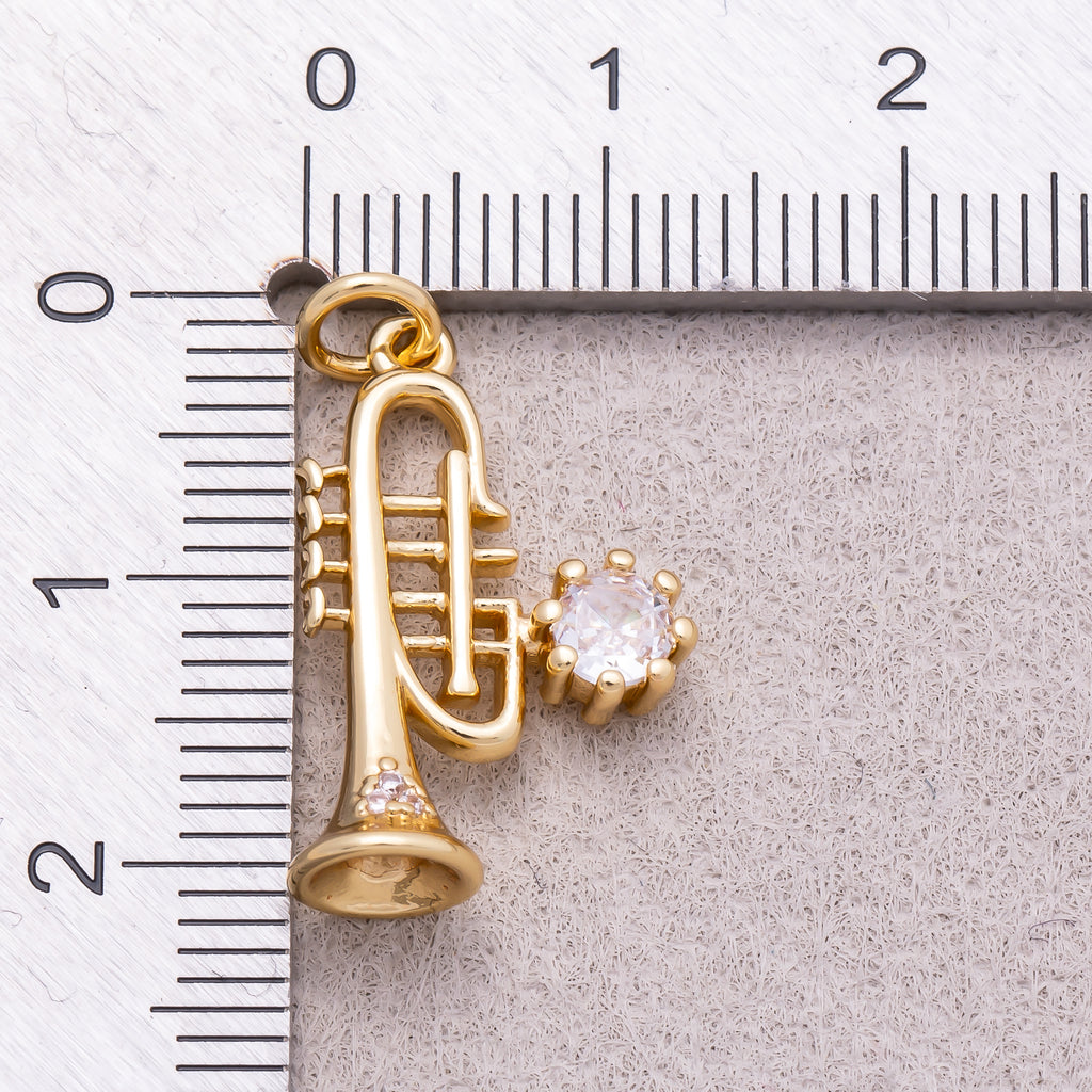 16K Gold Plated Clear CZ 3D Trumpet Musical Instrument Charm - Sold Each