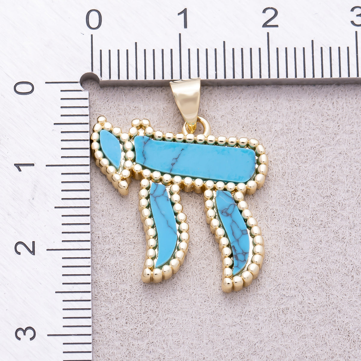 16K Gold Plated Turquoise, White Quartz Natural Gemstone Beaded Edge Chai Symbol Religious Pendant - Sold Each