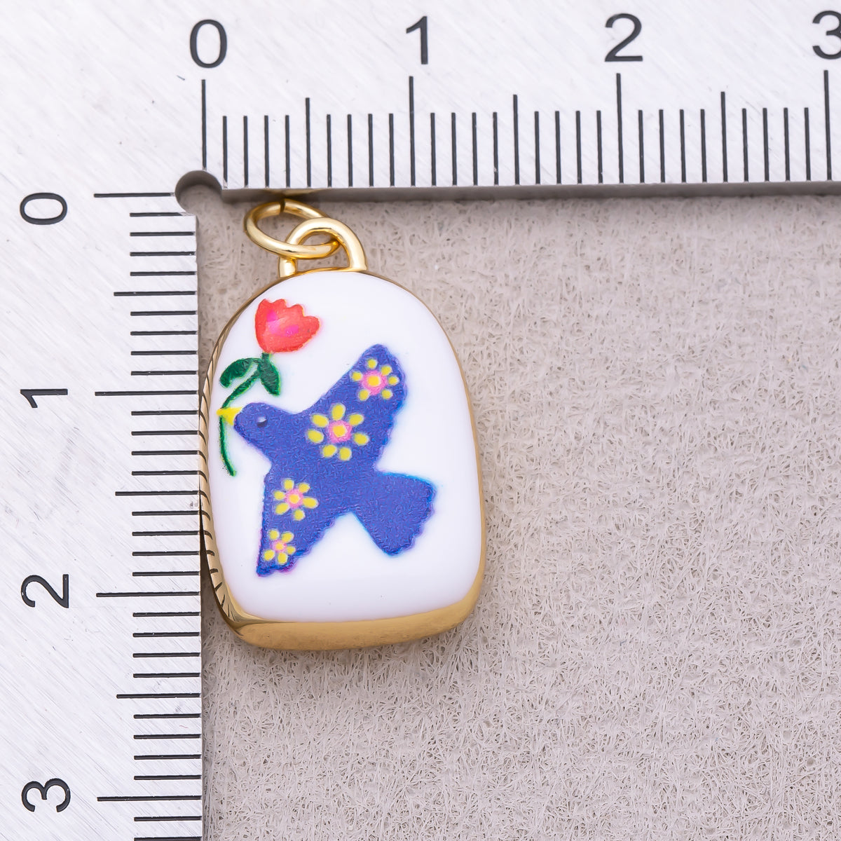 16K Gold Plated Bird Dove of Peace with Flower Plant Enamel Charm - Sold Each
