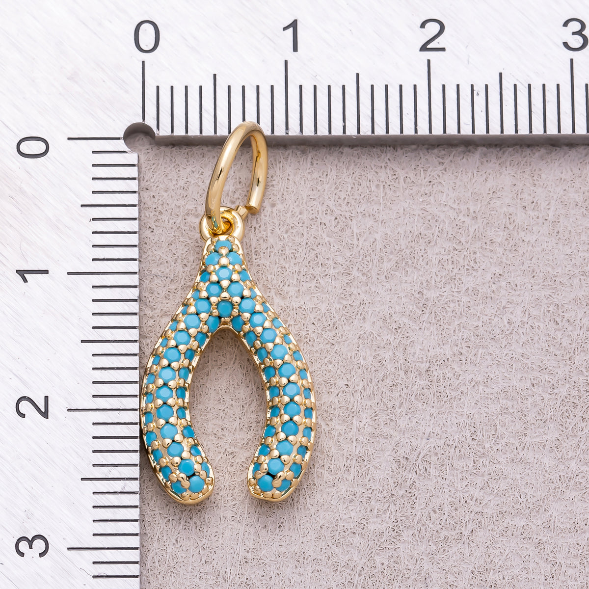 16K Gold Plated Turquoise and Clear Micro Paved CZ Wishbone Lucky Charm - Sold Each