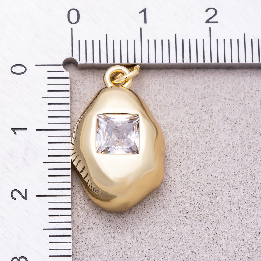 16K Gold Plated Clear Baguette CZ Square Geometric Molten Bezel Chubby Charm - Sold Each