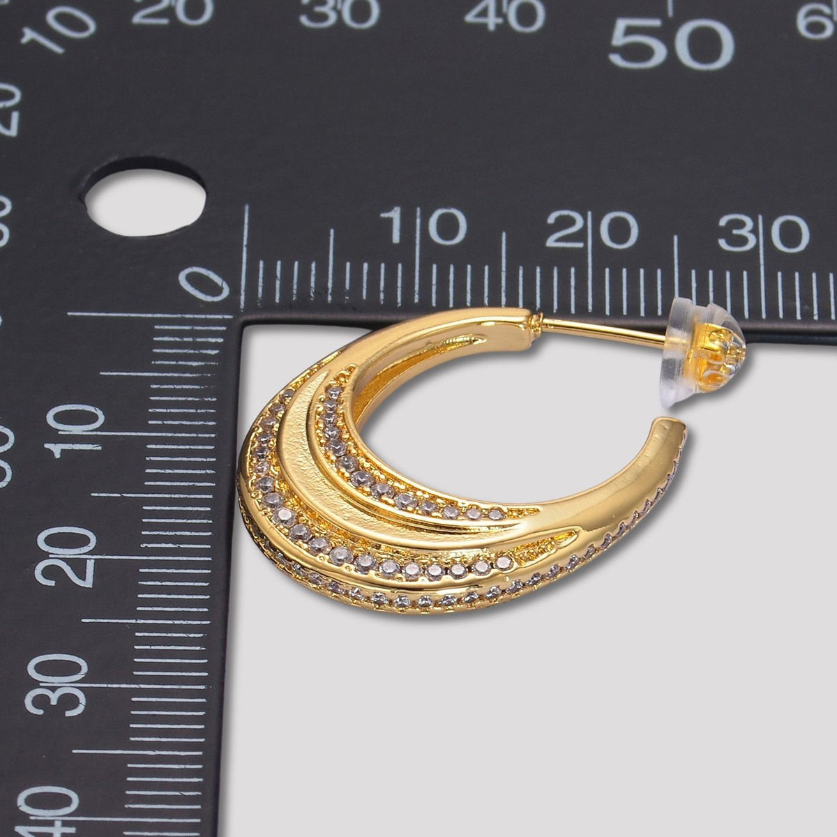 24K Gold Plated Micro Paved CZ Double Crescent Moon Hoop Earrings