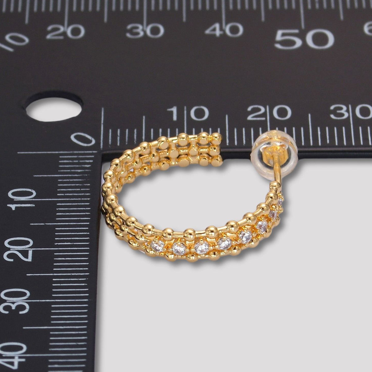 24K Gold Plated Micro Paved CZ Beaded Textured C Hoop Earrings