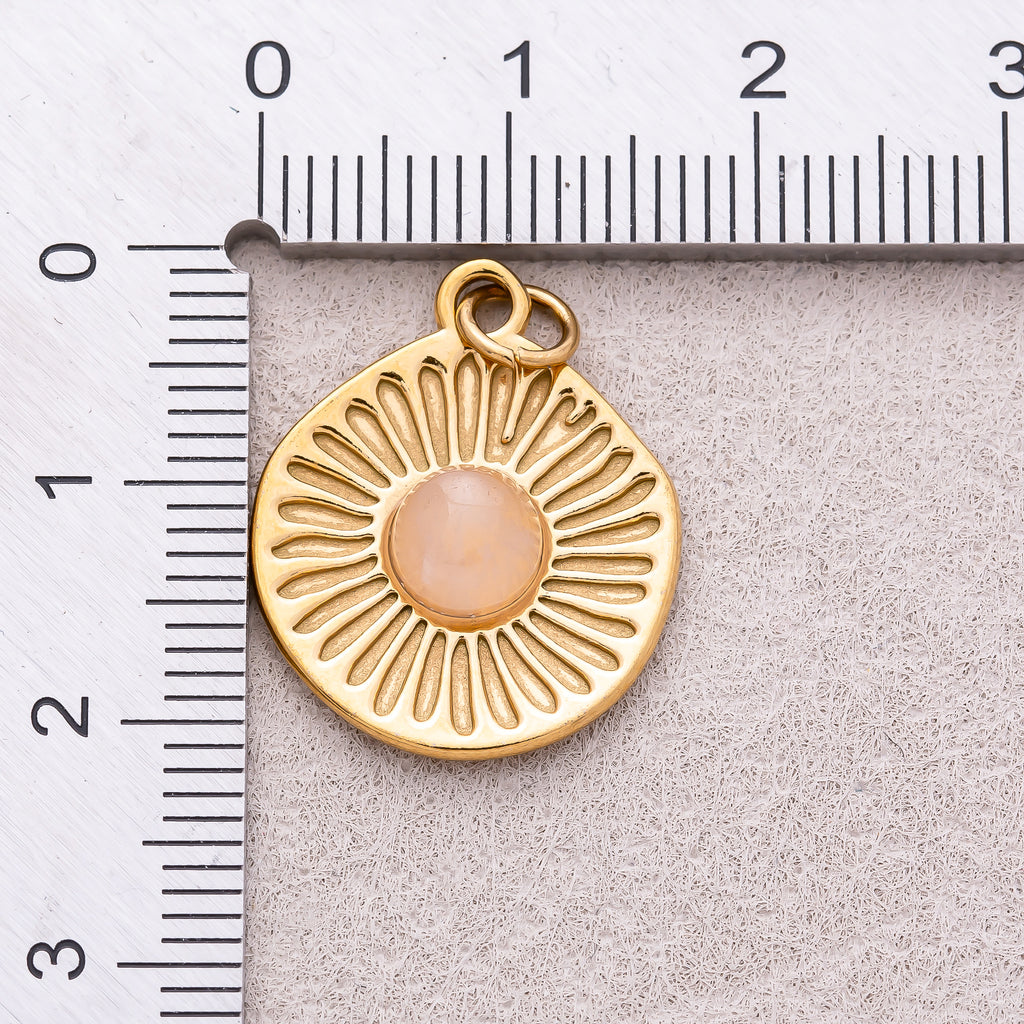 Gold PVD Stainless Steel Rose Quartz Cabochon Natural Gemstone Sunburst Medallion Charm