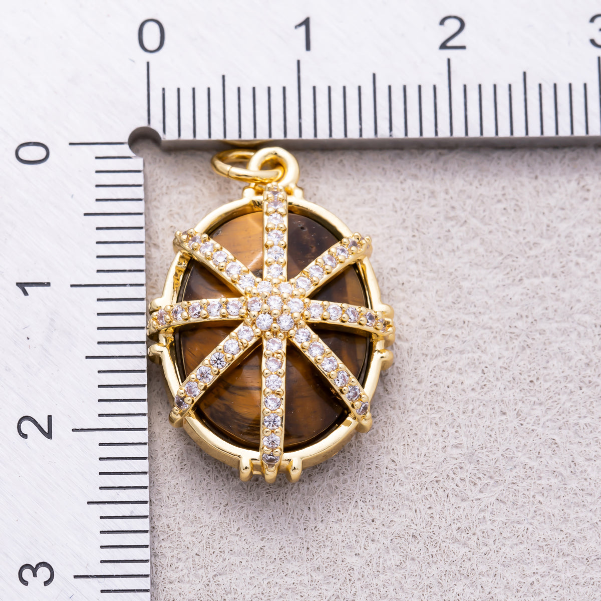 16K Gold Plated Micro Paved CZ Oval Natural Gemstone Starburst Overlay Pendant - Sold Each