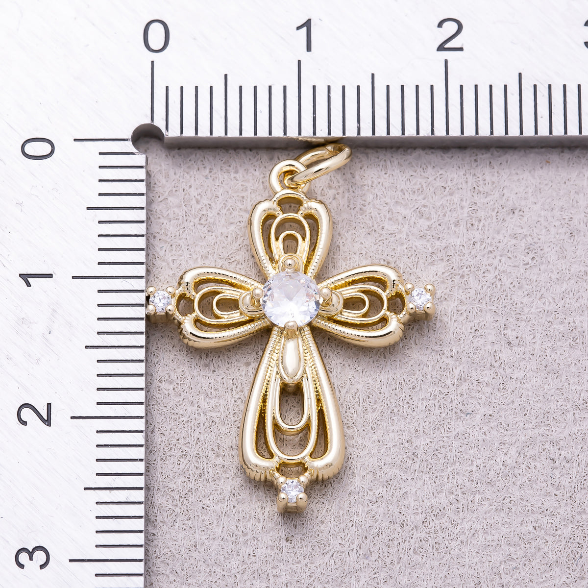 16K Gold Plated Clear Solitaire CZ Vintage Victorian Filigree Cross Charm - Sold Each