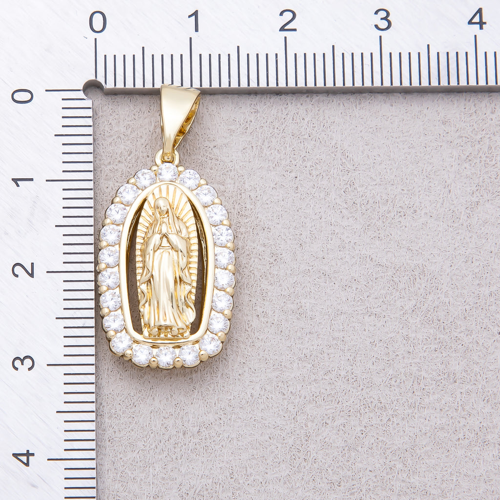 14K Gold Plated Micro Paved CZ Mother Mary Religious Pendant - Sold Each