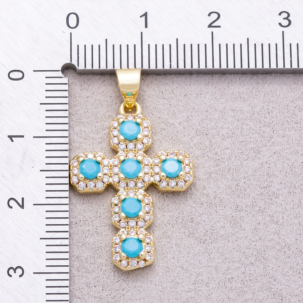 16K Gold Plated Round Turquoise Micro Paved CZ Statement Cross Religious Pendant - Sold Each