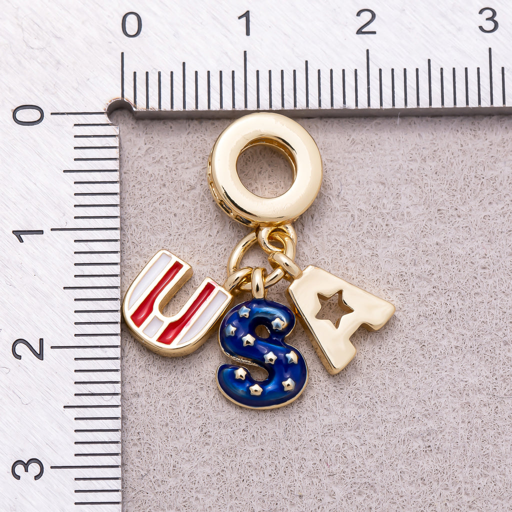 16K Gold Plated Clear CZ Letter USA Flag Enamel Pendant - Sold Each