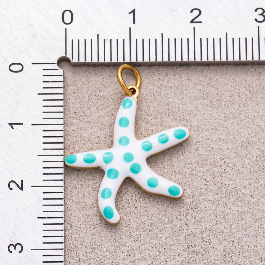 Gold PVD Stainless Steel Blue White Dotted Ocean Starfish 3D Multidimensional Charm
