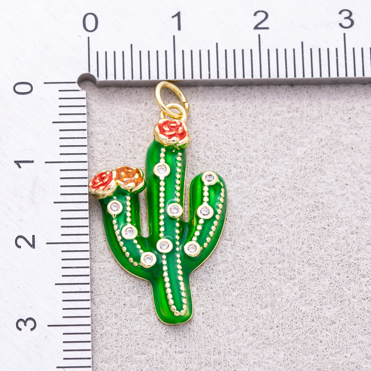 16K Gold Plated Clear CZ Plant Cactus Enamel Charm - Sold Each
