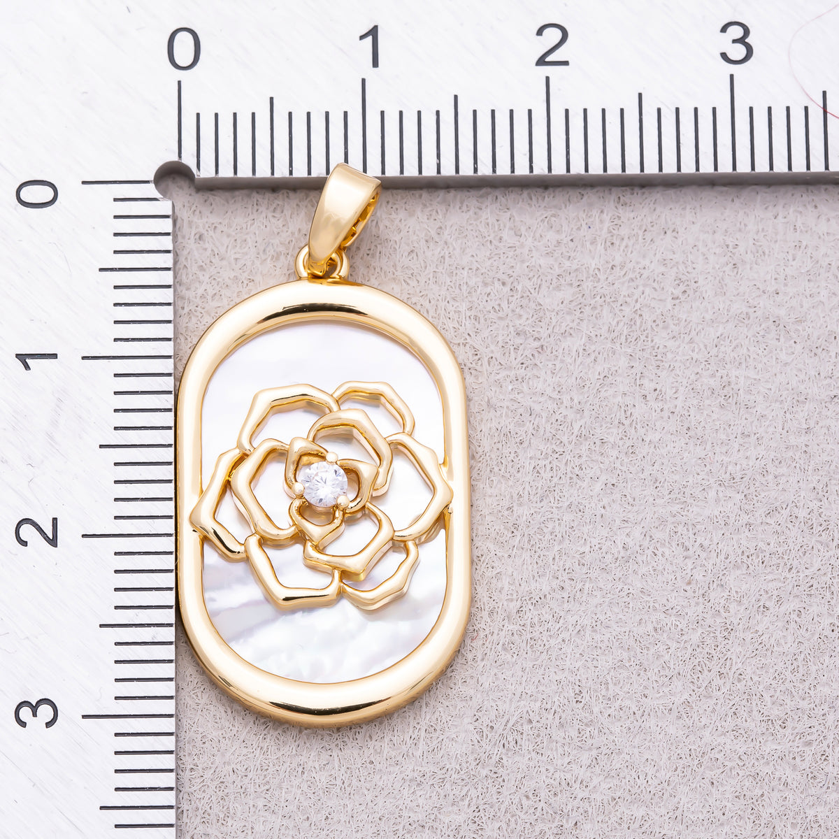 16K Gold Plated Clear CZ Shell Pearl Rose Flower Oblong Oval Bezel Pendant - Sold Each