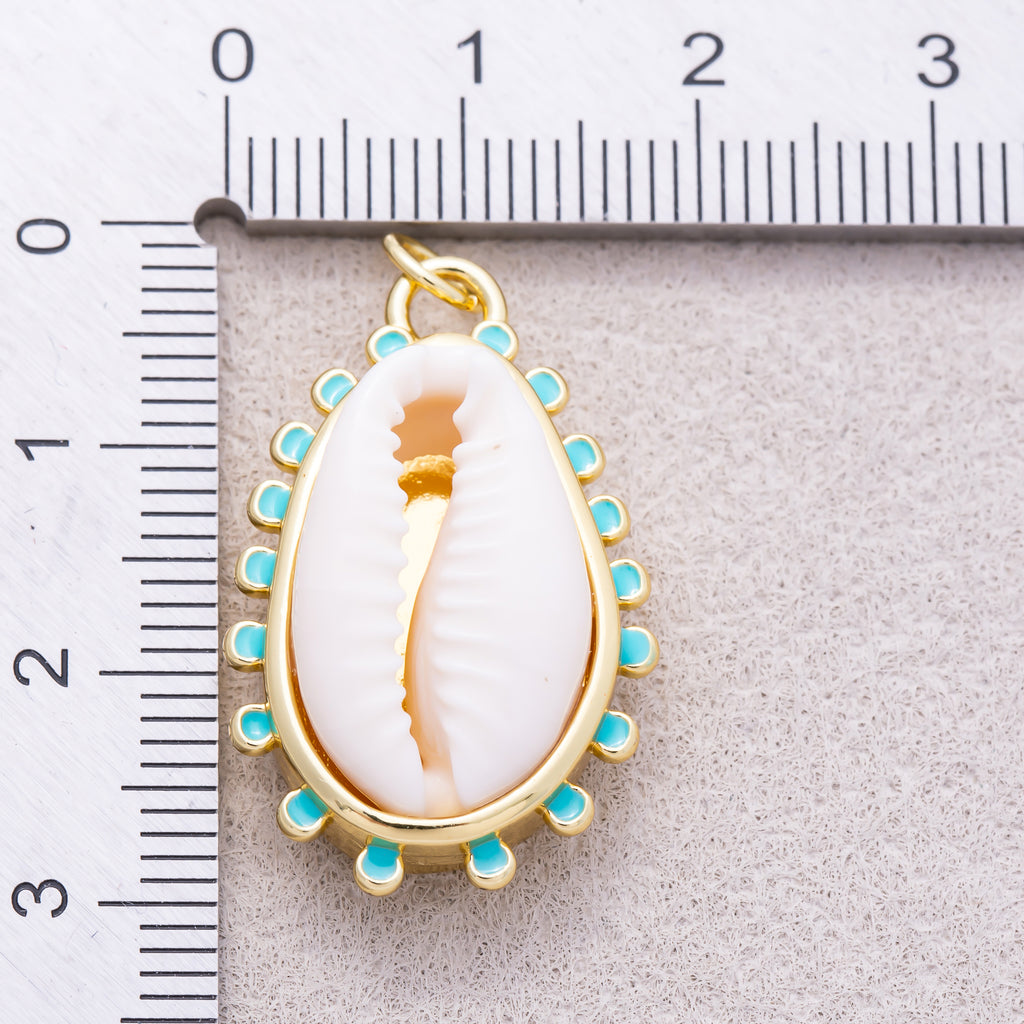 16K Gold Plated Turquoise Enamel Natural Cowrie Shell Scalloped Ocean Pendant - Sold Each
