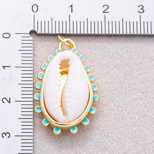 16K Gold Plated Turquoise Enamel Natural Cowrie Shell Scalloped Ocean Pendant - Sold Each