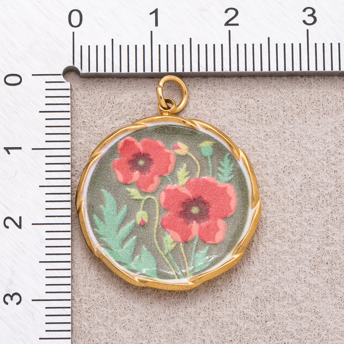Gold PVD Stainless Steel Hand-Painted Red Poppy Flower Round Charm