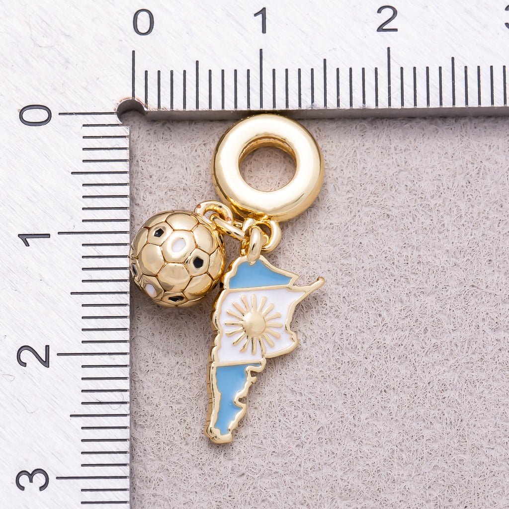 16K Gold Plated Argentina Map Flag & Soccer Ball Dual Dangle Pendant - Sold Each