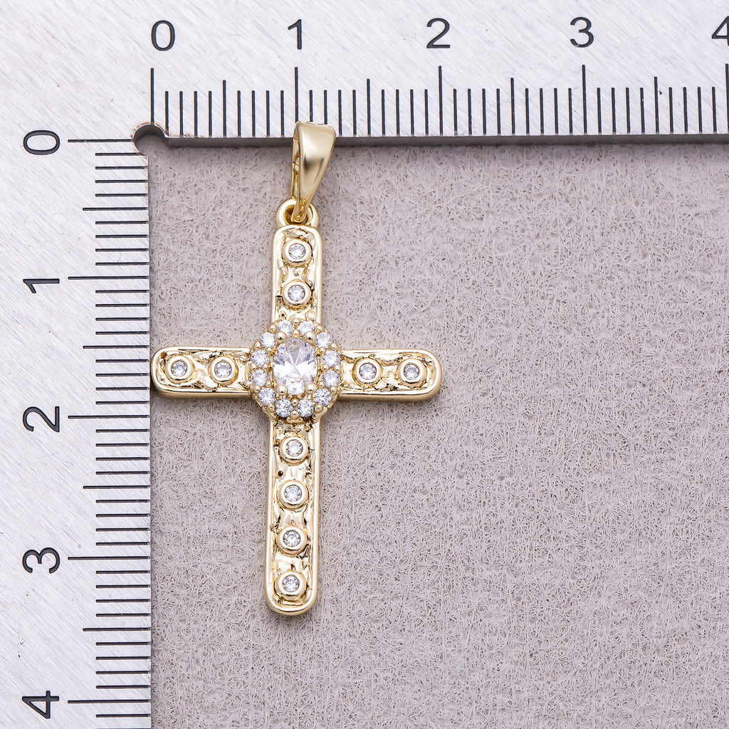 16K Gold Plated Clear CZ Micro Paved Dotted Hammered Religious Cross Pendant - Sold Each