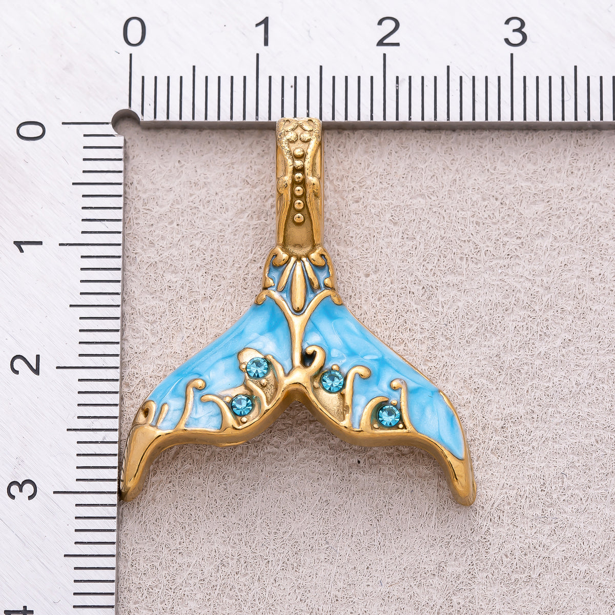 Gold PVD Stainless Steel Clear CZ Blue and White Mother of Pearl Mermaid Tail Fish Charm