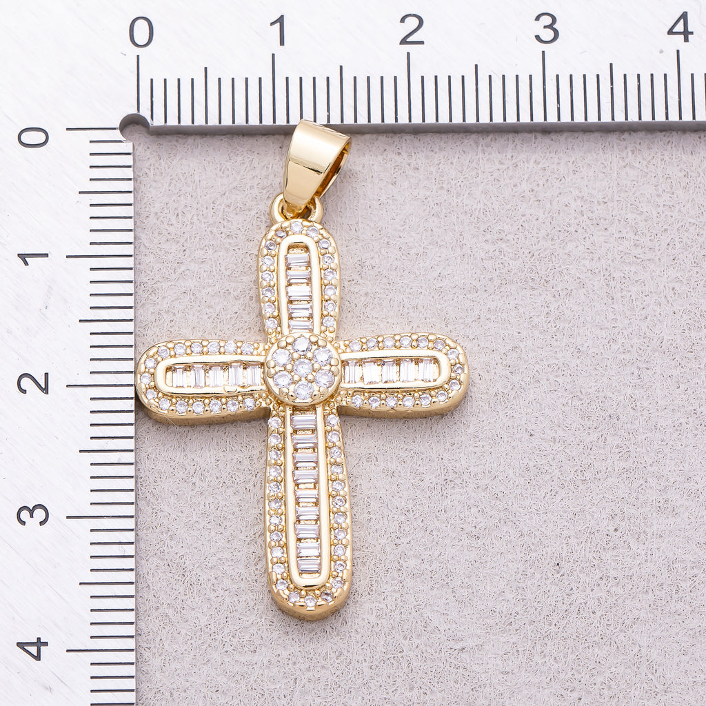 16K Gold Plated Baguette & Round Micro Paved CZ Cross Religious Pendant - Sold Each