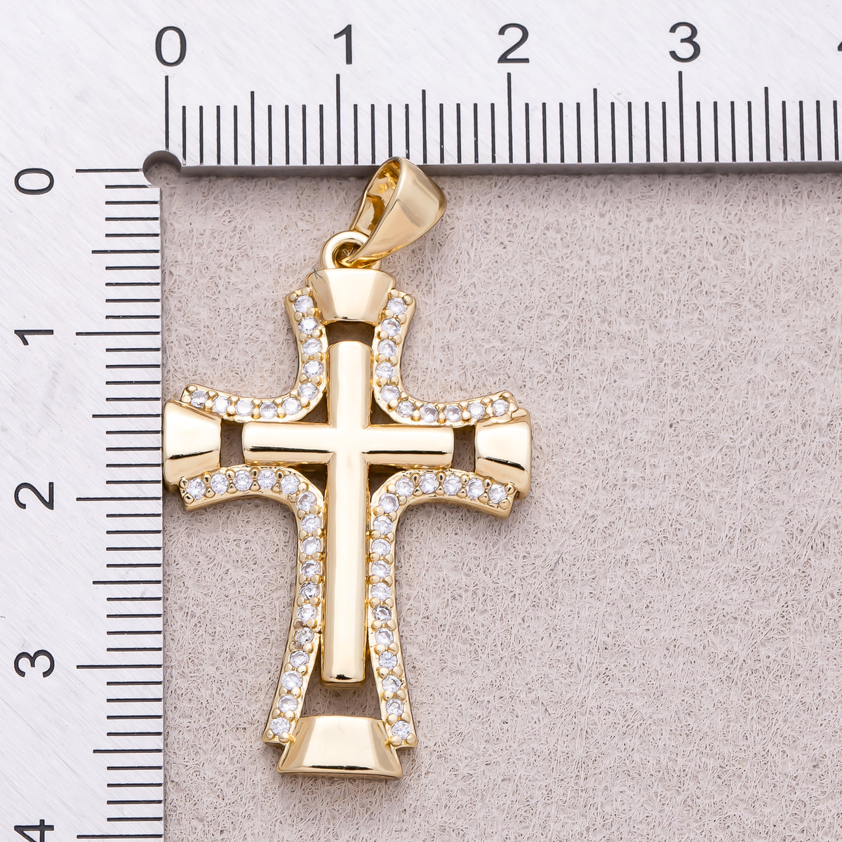 14K Gold Plated Micro Paved CZ Double Open Flared Cross Pendant - Sold Each