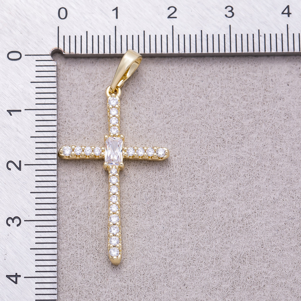 16K Gold Plated Clear Baguette Micro Paved CZ Cross Religious Pendant - Sold Each