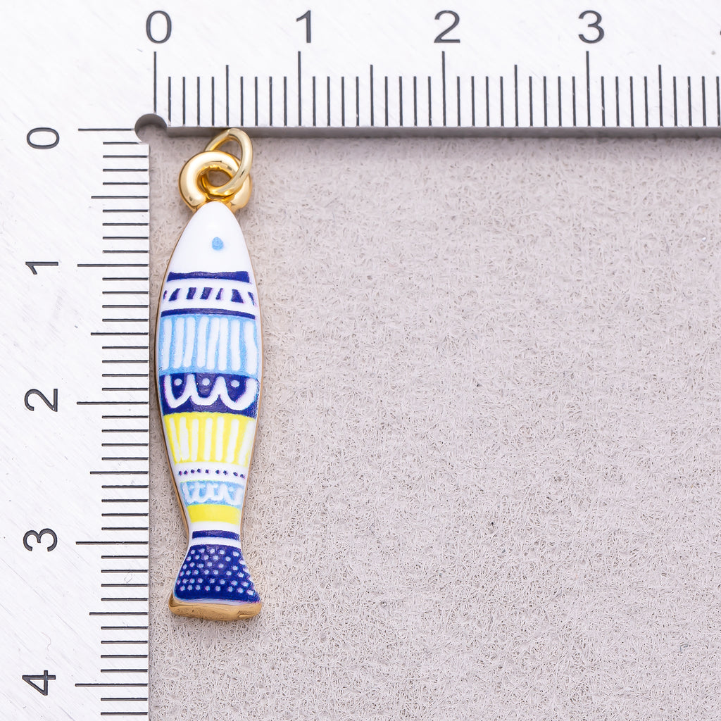 16K Gold Plated Colorful Mediterranean Enamel Sardine Fish Charm - Sold Each