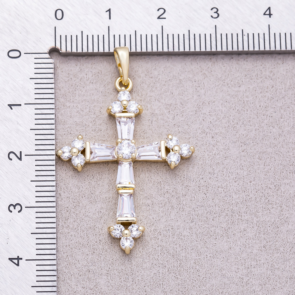 16K Gold Plated Clear CZ Baguette Micro Paved Religious Cross Pendant