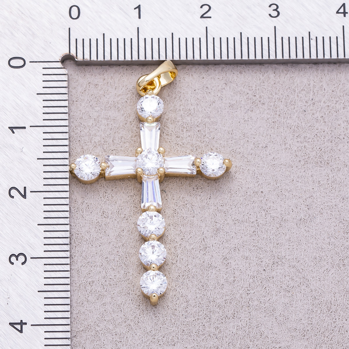 16K Gold Plated Baguette & Round CZ Cross Religious Pendant - Sold Each