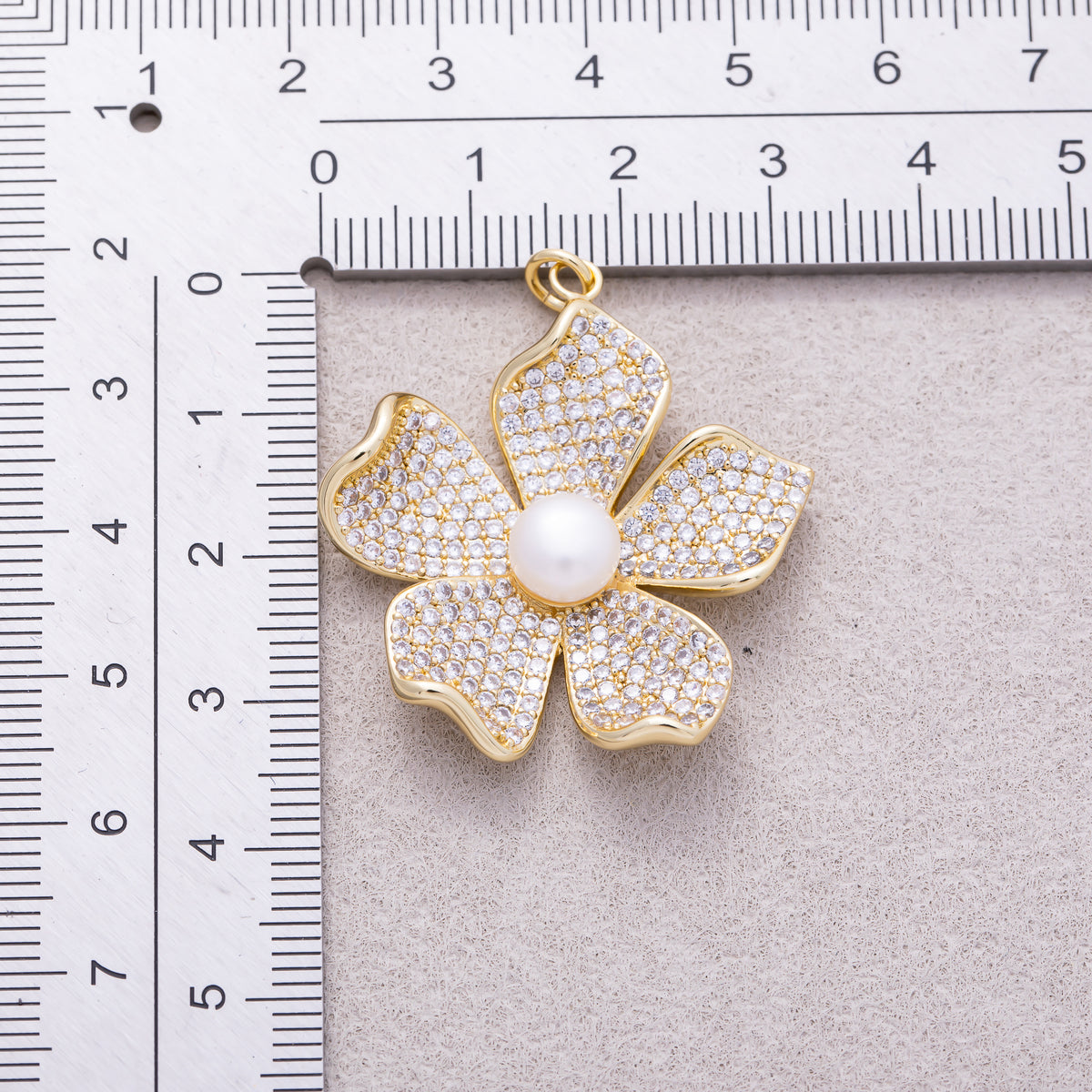 16K Gold Plated White Shell Pearl Micro Paved CZ Wavy Petal Flower Pendant - Sold Each
