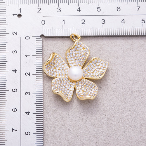 16K Gold Plated White Shell Pearl Micro Paved CZ Wavy Petal Flower Pendant - Sold Each