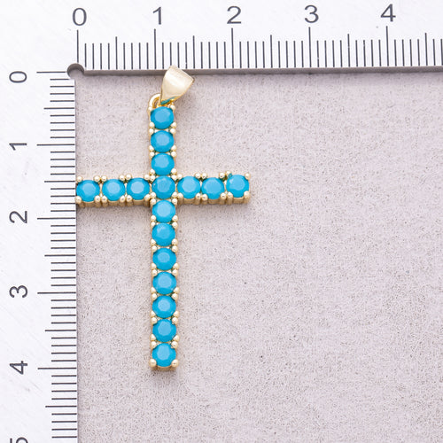 16K Gold Plated Turquoise Micro Paved Cross Religious Pendant - Sold Each