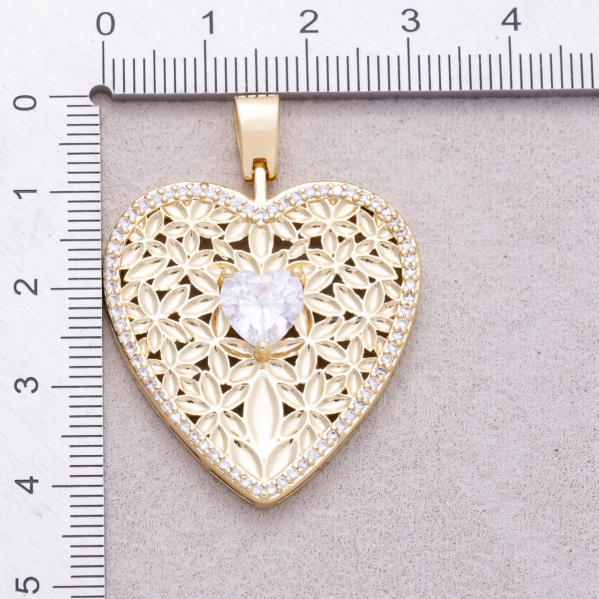 16K Gold Plated Heart CZ Filigree Flower Openwork Heart Pendant - Sold Each