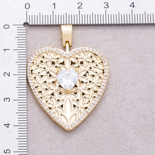 16K Gold Plated Heart CZ Filigree Flower Openwork Heart Pendant - Sold Each
