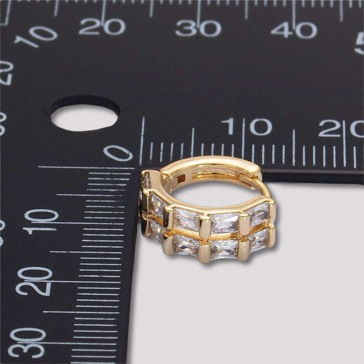 14K Gold Plated Baguette CZ Double Row Huggie Hoop Earrings