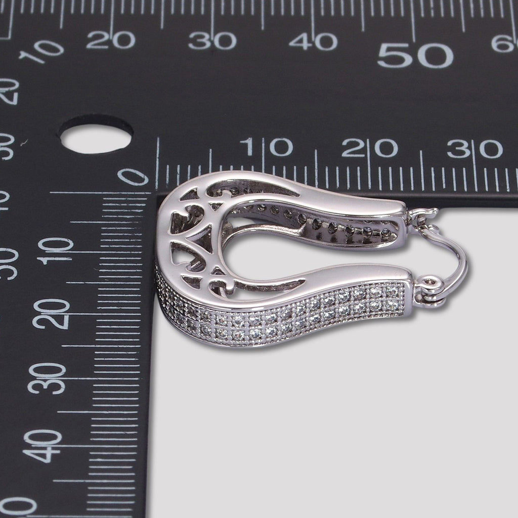14K Rhodium Plated Micro Paved CZ Filigree Teardrop Hoop Earrings