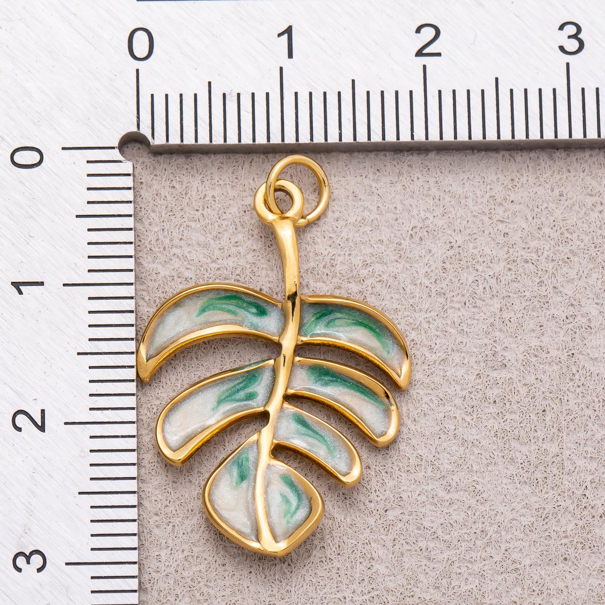 Gold PVD Stainless Steel Green Enamel Tropical Palm Tree Leaf Monstera Charm