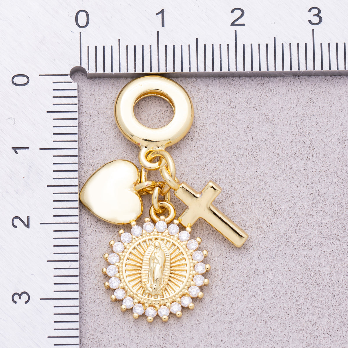 16K Gold Plated 33mm Micro Paved CZ Sunflower Virgin Mary Religious Chubby Heart Cross Rondelle Pendant