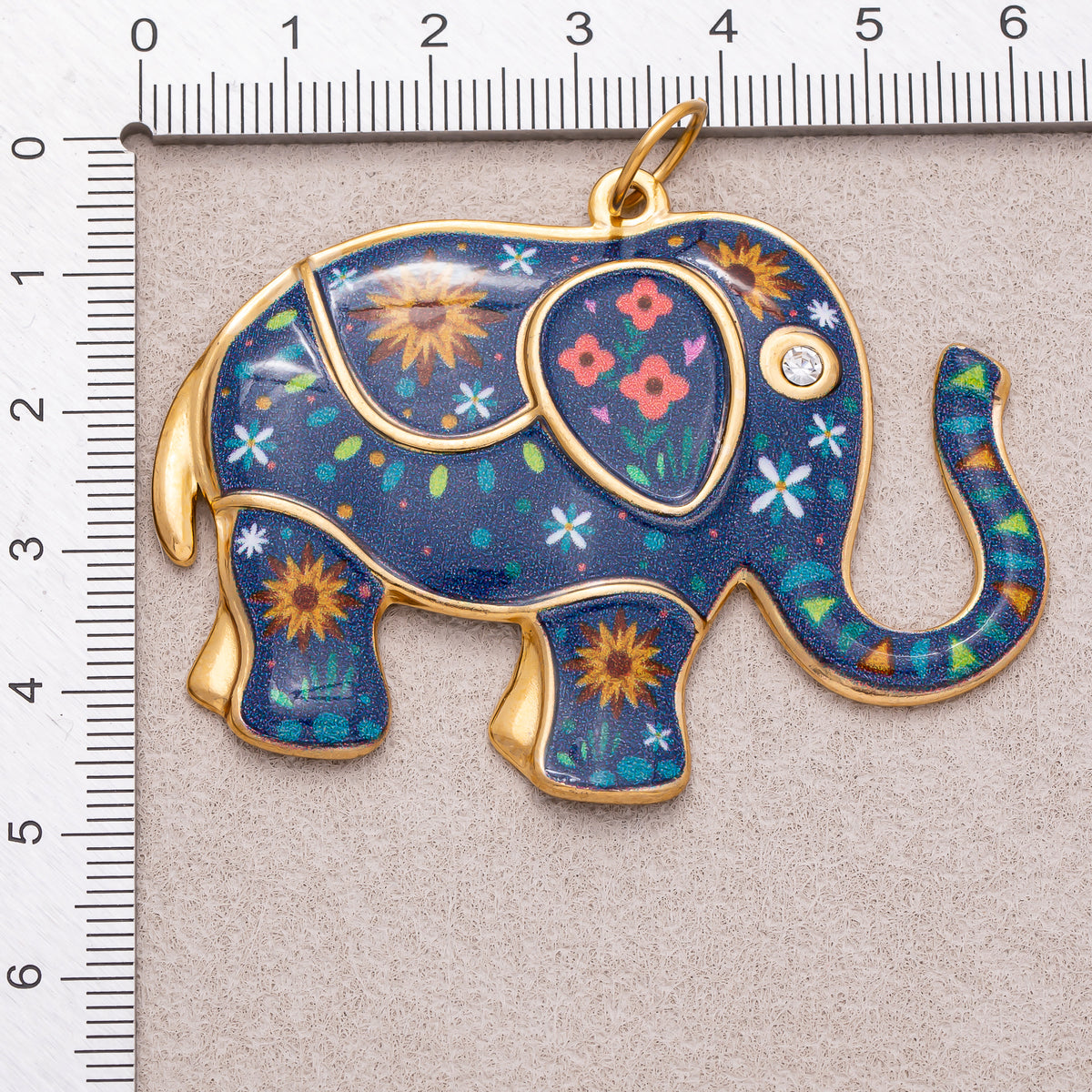 Gold PVD Stainless Steel Blue Flower Enamel CZ Elephant Statement Charm