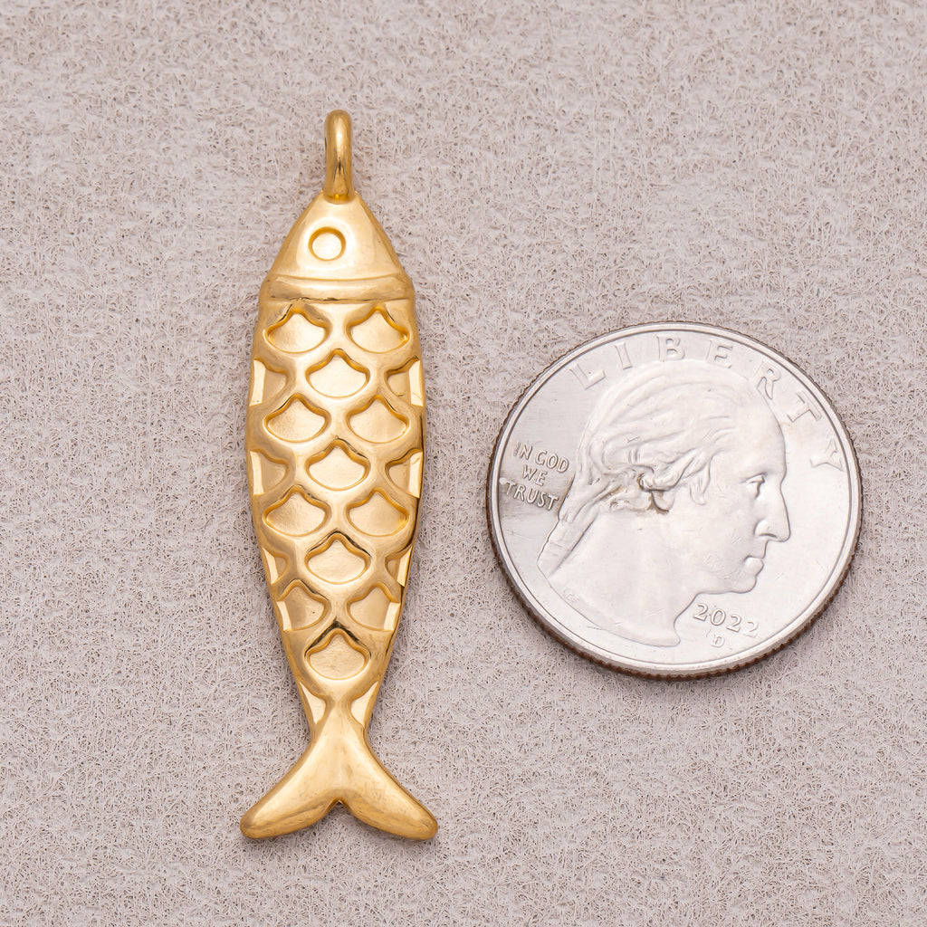 Gold PVD Stainless Steel Textured Fish Multidimensional Animal Pendant