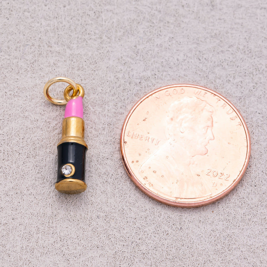 Gold PVD Stainless Steel Pink Lipstick Enamel Charm