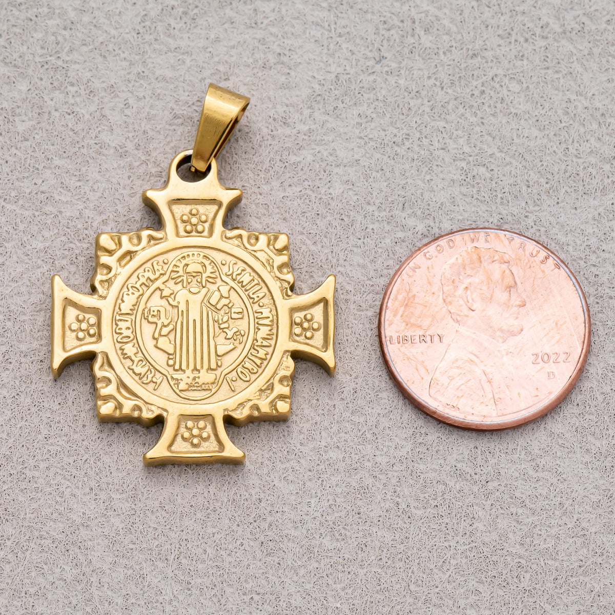 Gold PVD Stainless Steel Saint Benedict Cross Pendant